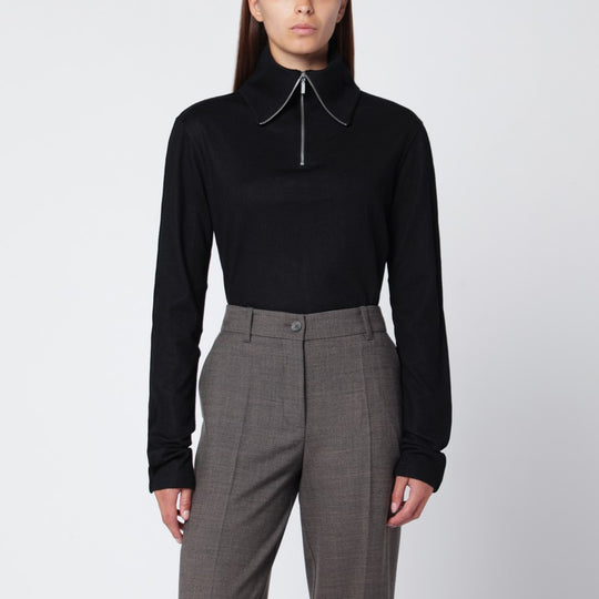 Black Wool Zip-Collar Top