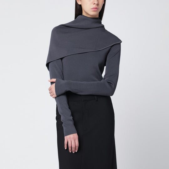 Grey Turtleneck Sweater With Cape Detail
