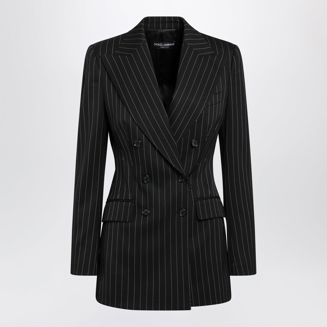 Dolce & Gabbana Blazer Croisé Noir à Rayures Tennis en Laine Vierge