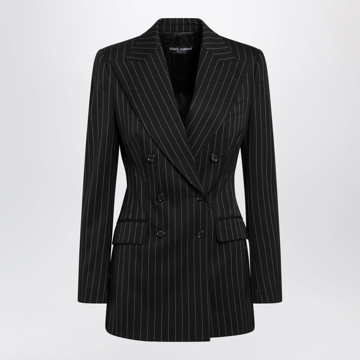 Dolce & Gabbana Blazer Croisé Noir à Rayures Tennis en Laine Vierge