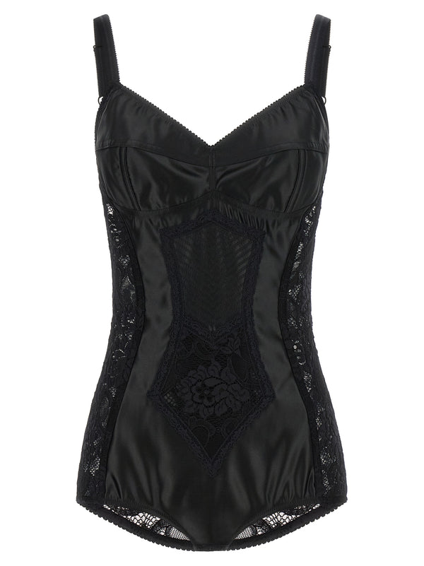 Satin And Lace Corsetry Bodysuit Top Nero