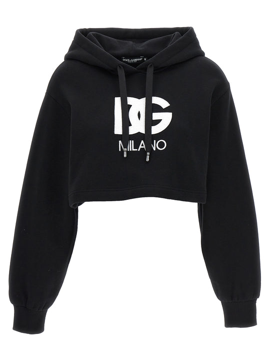 Logo Embroidery Cropped Hoodie Felpe Nero