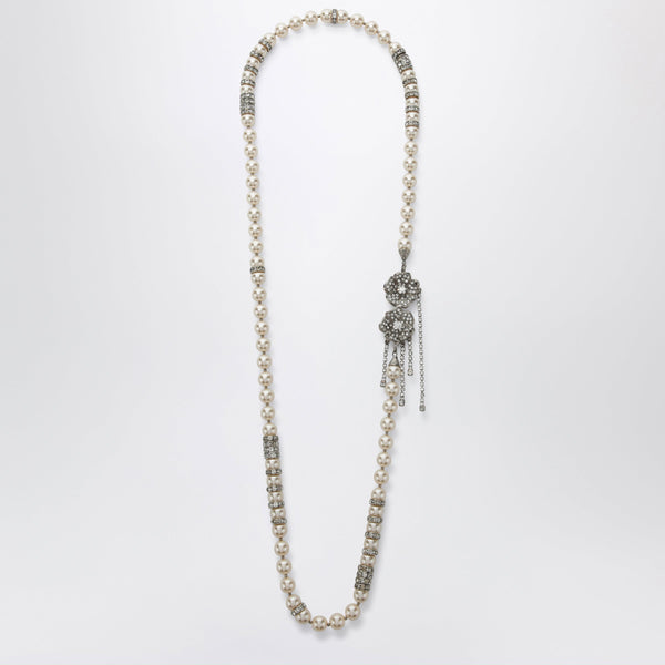 Pearl Necklace With Silver Crystal Flower Clasp