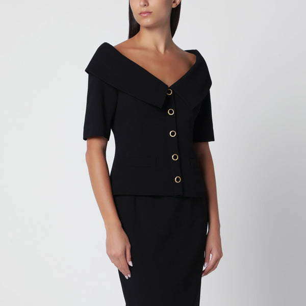Schwarze schulterfreie Jacke aus Wollcrêpe