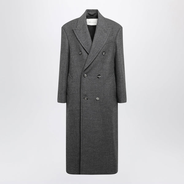 Long Double-Breasted Carbon Grey Wool Coat