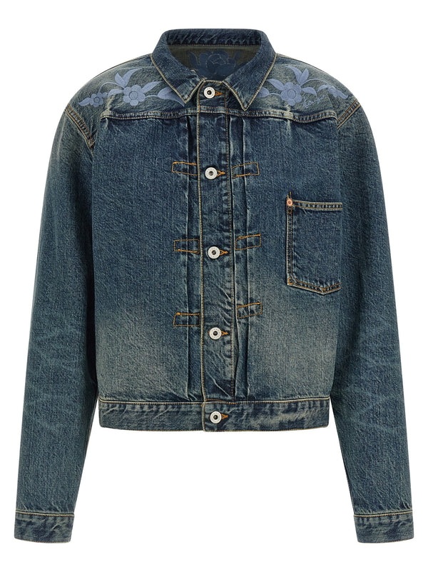 Floral Embroidery Denim Jacket Puffer Jackets Blu