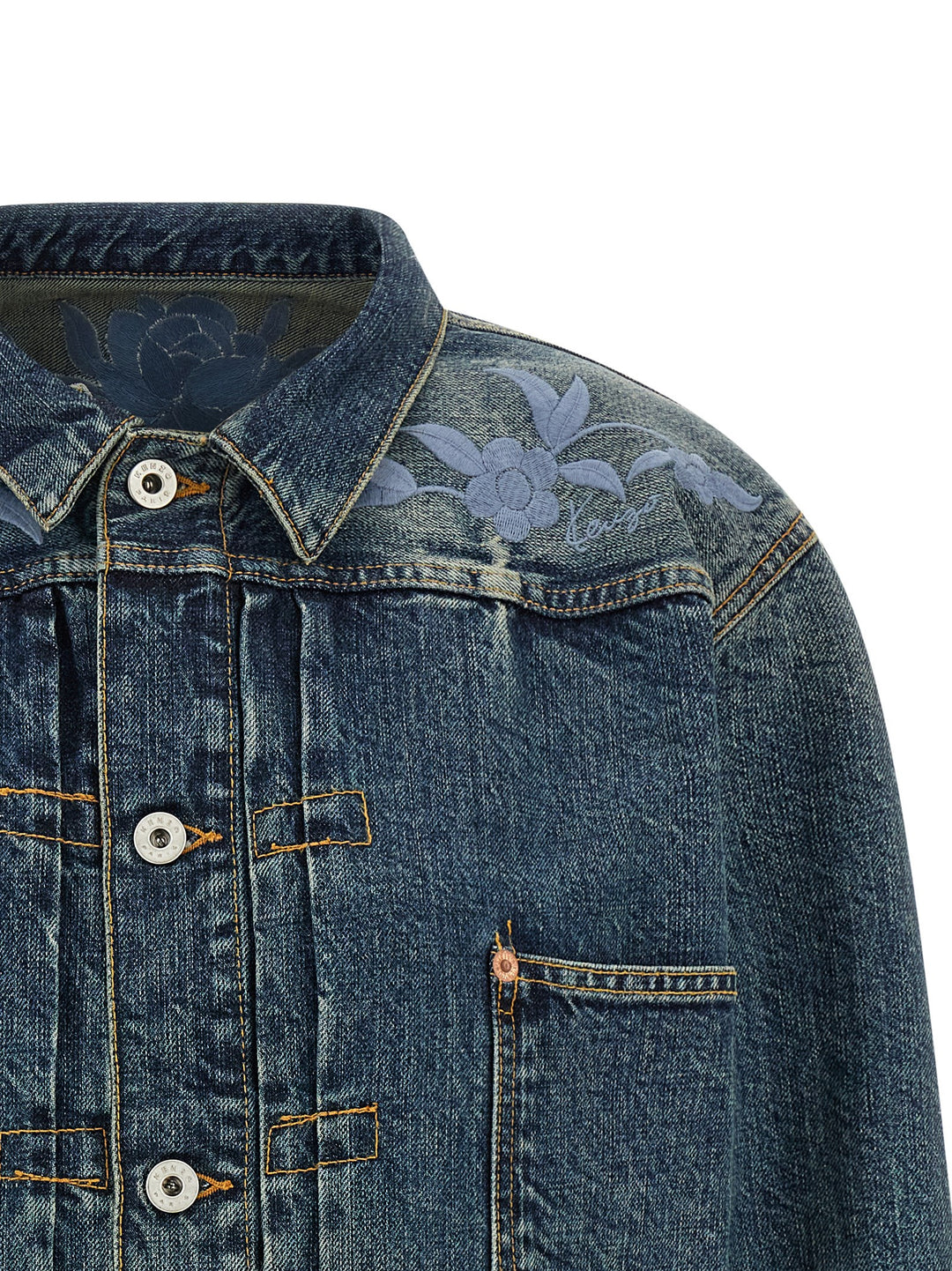 Kenzo Floral Embroidery Denim Jacket Puffer Jackets - Blu | 7b7ff98cf9cb30deb787e2f51fc85d139c9e42e9