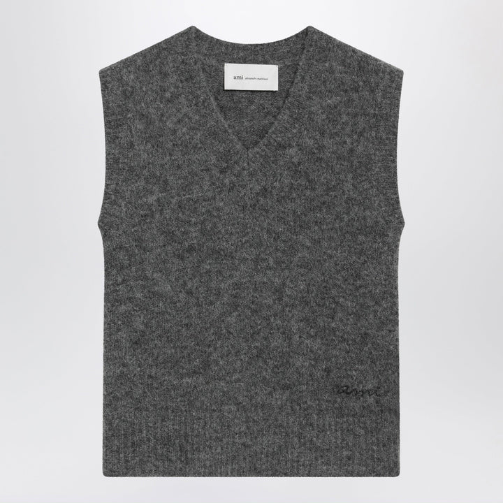 Ami Paris Chaleco Gris Jaspeado en Mezcla de Alpaca y Lana
