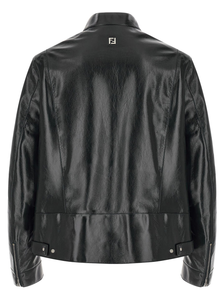 Fendi Lacquered Leather Blouson Puffer Jackets - Blu | 740b32bb6cb98fdbf81bd1e21100196c3775d2bc