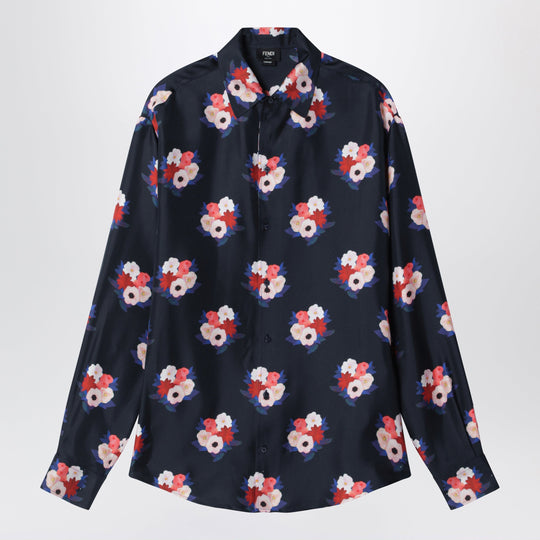 Dark Blue Satin Shirt With Floral Print