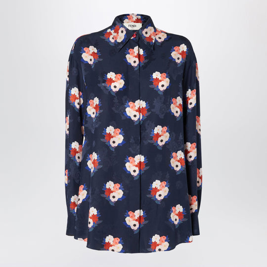 Dark Blue Satin Shirt With Floral Print