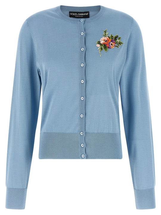 Floral Embroidery Cardigan Maglioni Celeste