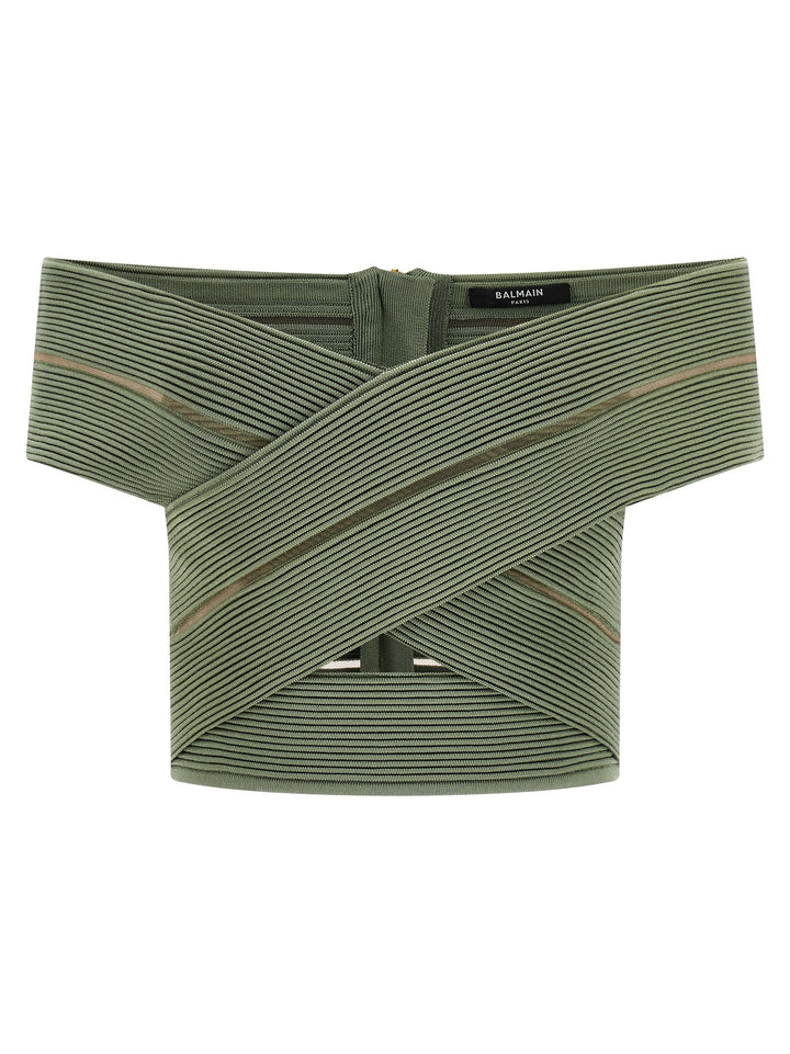 Balmain Off-The-Shoulder Crop Top Top - Verde | 593f70e989a18d1d5e56cf45596c67aceb43d046