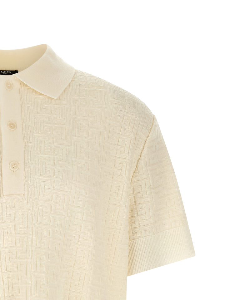 Balmain Monogram Jacquard  Shirt Polo - Bianco | 8039ab3ef346f5923b682e2d36c174cb2889cac2