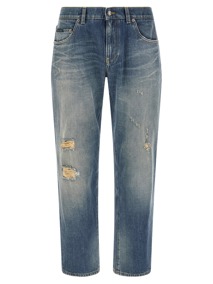 Dolce & Gabbana Destroyed Logo Plaque Jeans - Blu | 1bd3f6665bab51104b979780385772096660b3b7