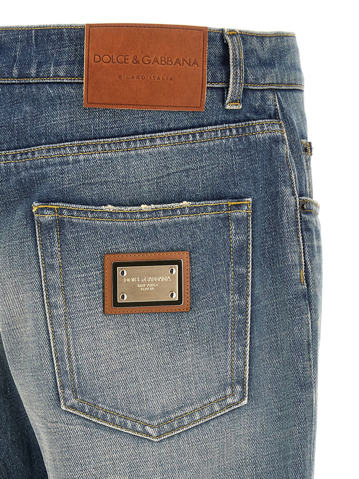 Dolce & Gabbana Destroyed Logo Plaque Jeans - Blu | 02260790ecfb7244c737c034afab8f607e9a37eb