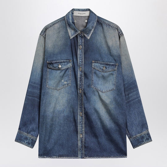 Blue Oversized Patty Shirt With Denim Print