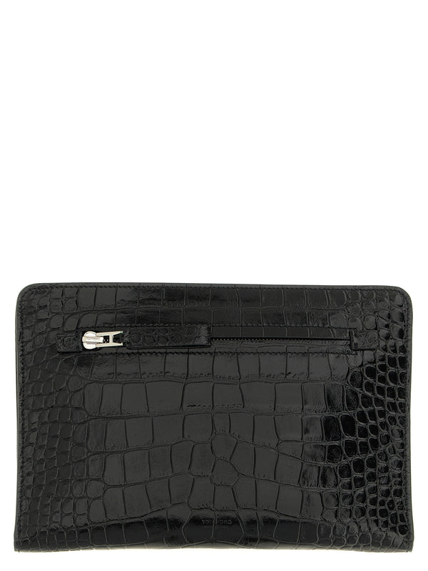 Croc Print Leather Bag Clutch Nero