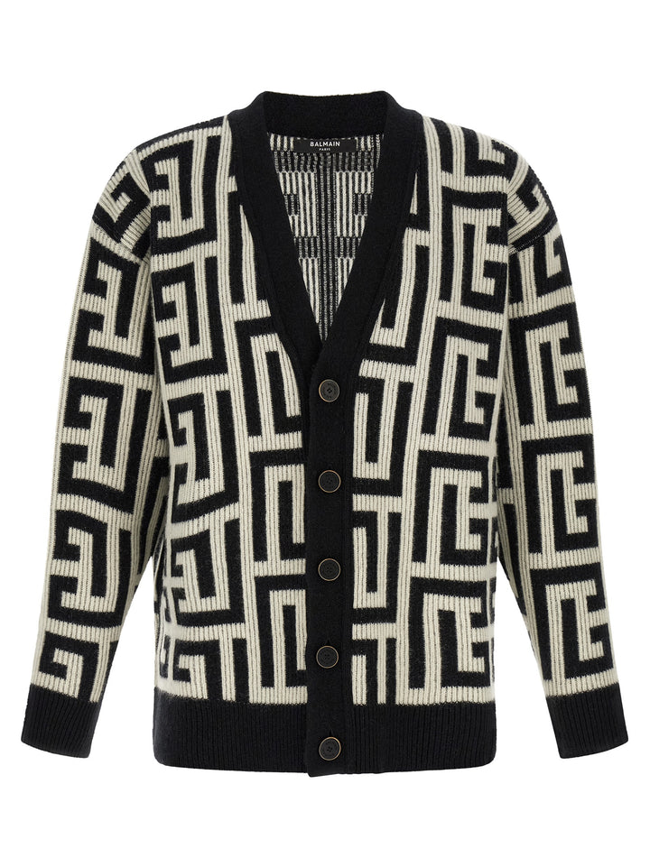 Balmain Monogram Macro Cardigan Maglioni - Bianco/Nero | 1f25e45fb0d651cd9892883cefb1fe2abd84629f