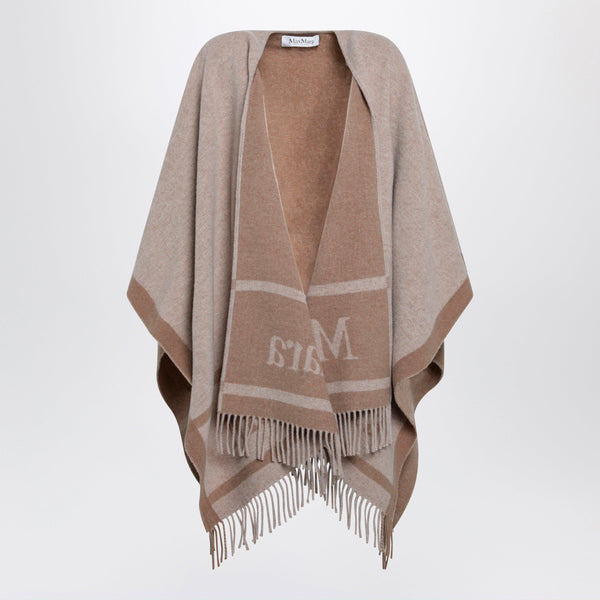 Jacquard Poncho With Fringes In Sand-Colored Wool
