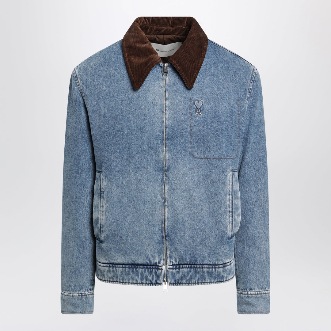 Ami Paris Blaue Ami De Coeur Jeansjacke im Used-Look