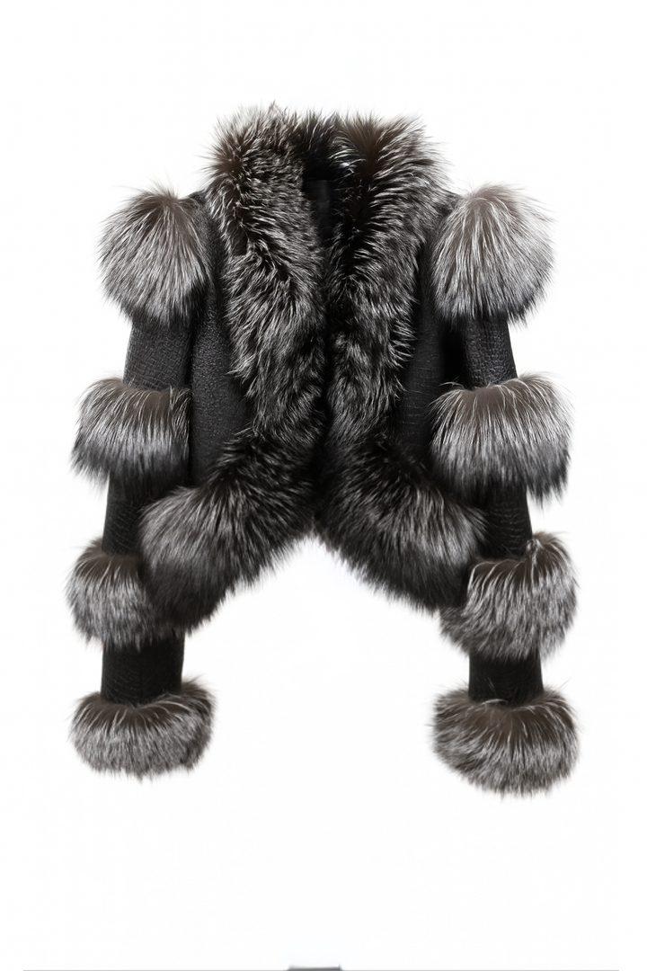 Giacca Luna Volpe argentata in Pelle e Pelliccia di Volpe