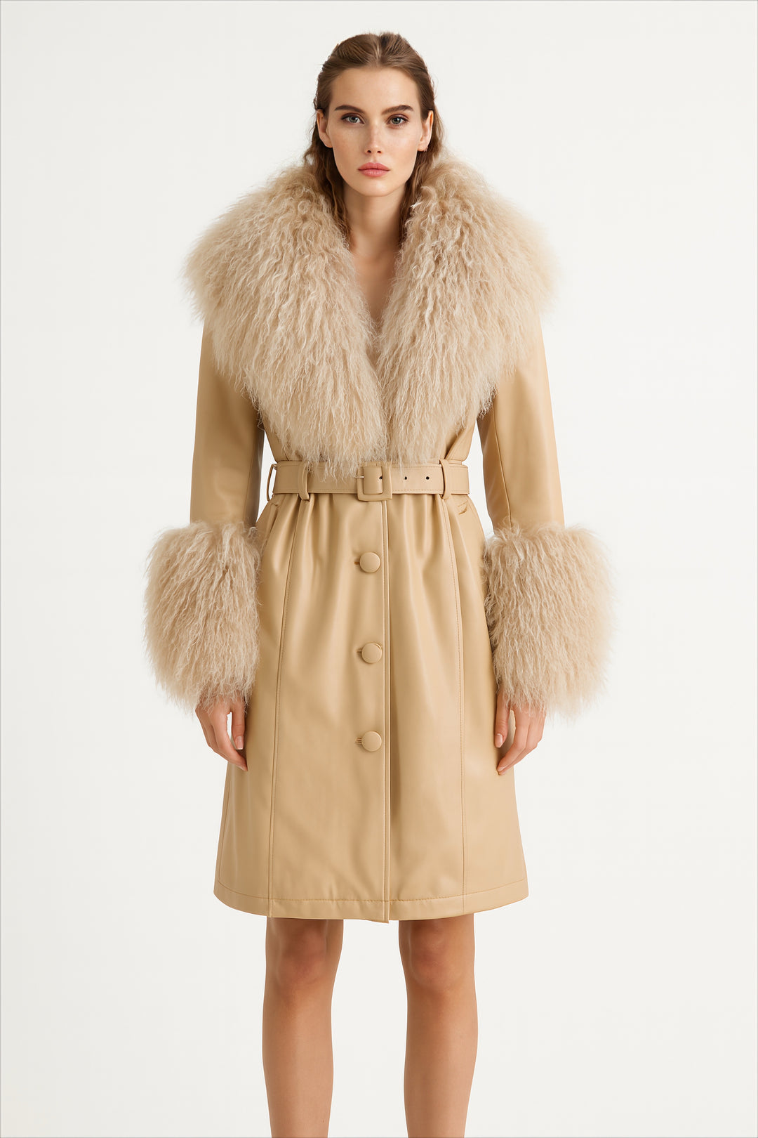 Cappotto Sac Beige in Pelle e Mongolia