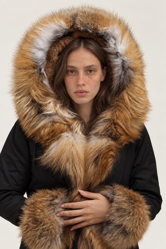 Parka Doler noir en Fourrure de Renard Roux