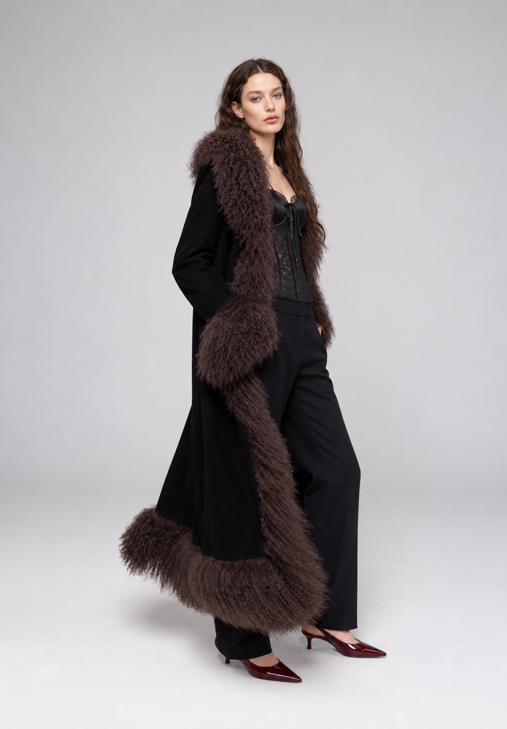 Cappotto Billy Nero in camoscio e Mongolia