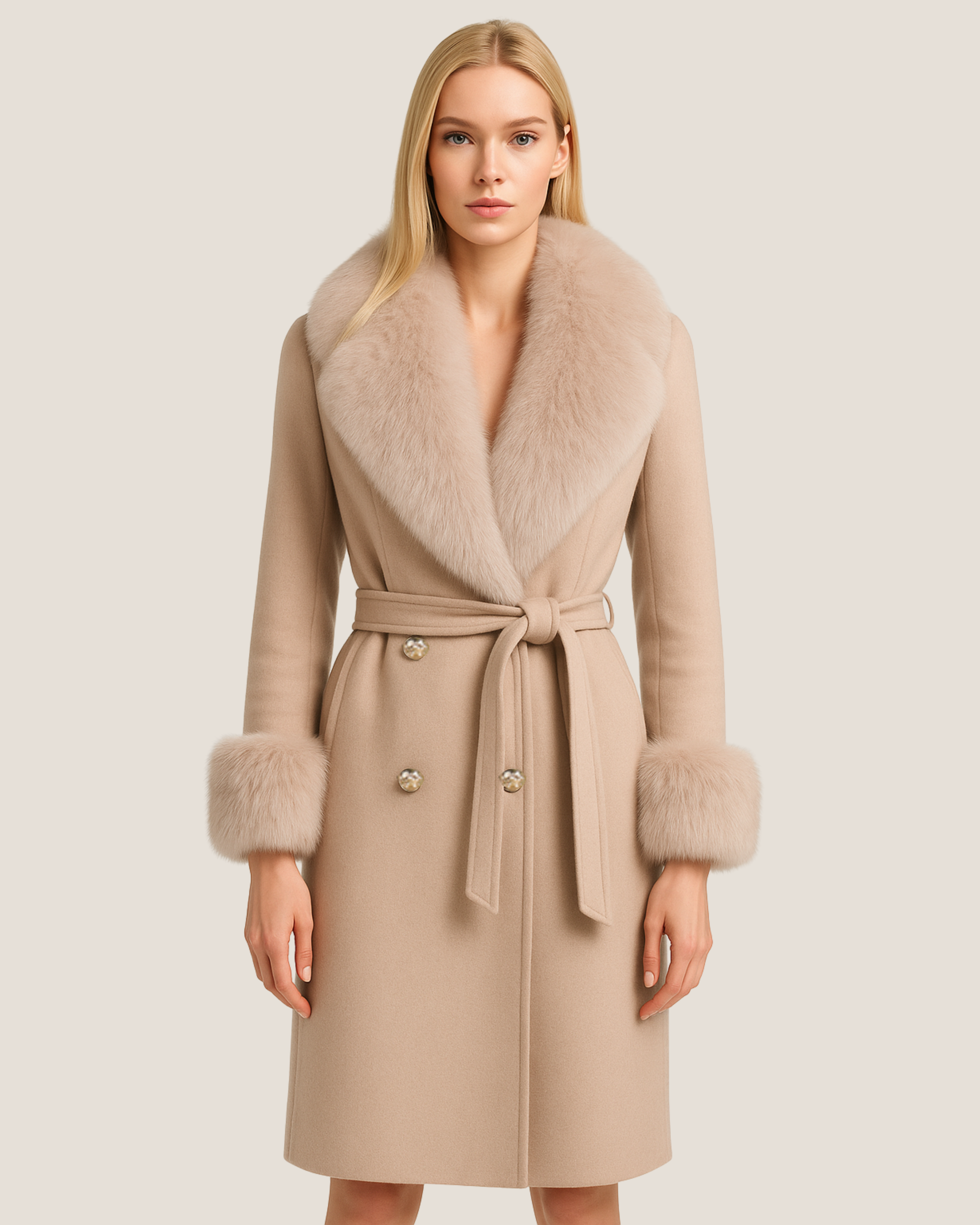 Cappotto Chic Crema in Misto Cachemire e volpe