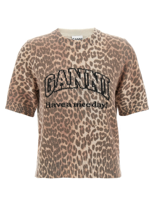 Leopard Wool Mix T Shirt Marrone
