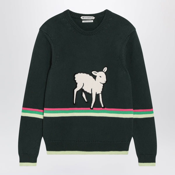 Dark Green Cotton Sweater With Sheep Embroidery