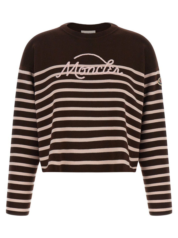 Moncler Striped Sweater With Embroidery Maglioni - Bianco | bcc20b9bbbb8000f17dad1995532c01f4a971f8f