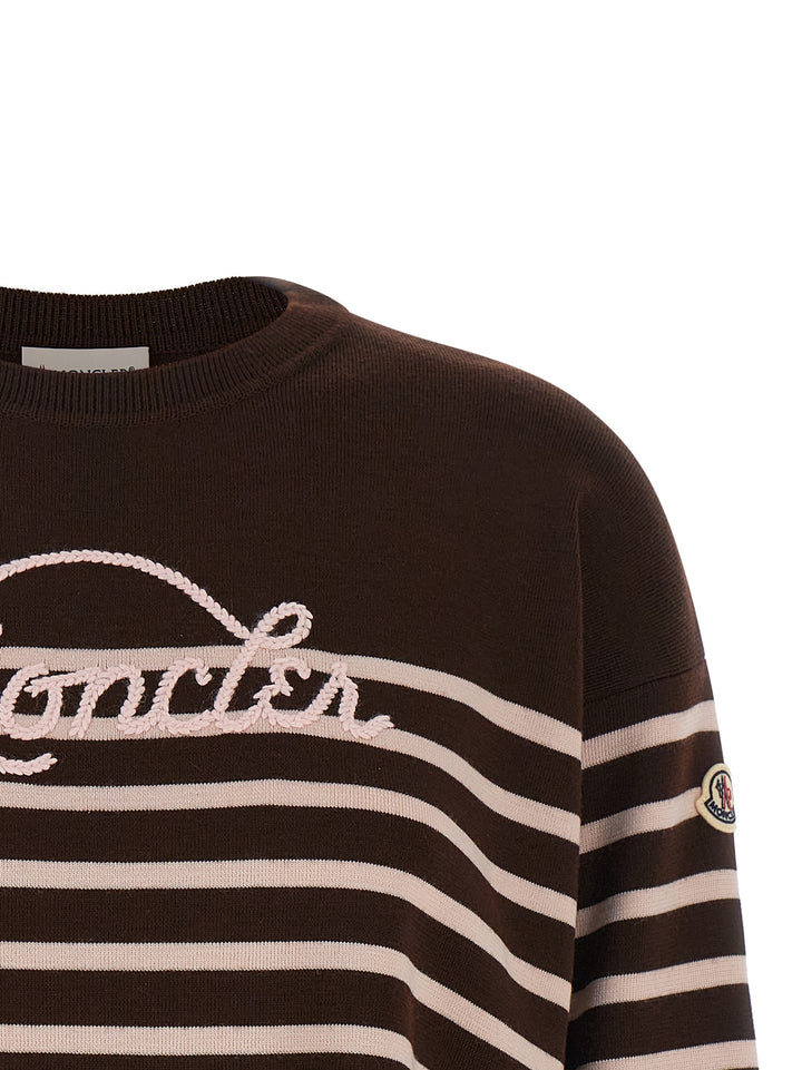 Moncler Striped Sweater With Embroidery Maglioni - Bianco | 974e8a44b55f90a9ba588511de486ca06b988f81