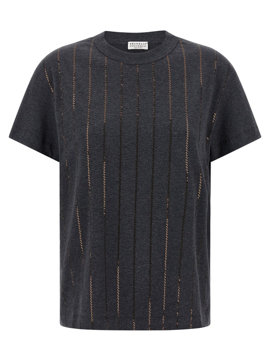 Dazzling Chalk Stripe Embroidery T Shirt Grigio