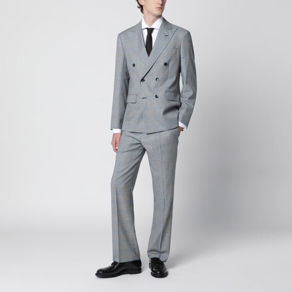 Grey Prince Of Wales Double-Breasted Suit In Wool