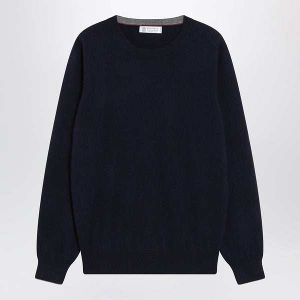 Navy Blue Cashmere Crewneck Sweater With Contrast Trim