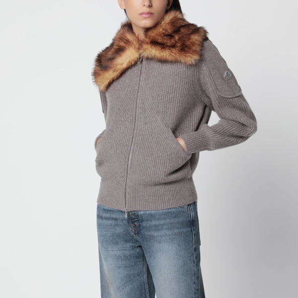 Grey Wool Cardigan With Faux Fur Collar