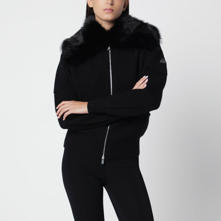 Moose Knuckles Cardigan en Laine Noir Avec Col en Fausse Fourrure