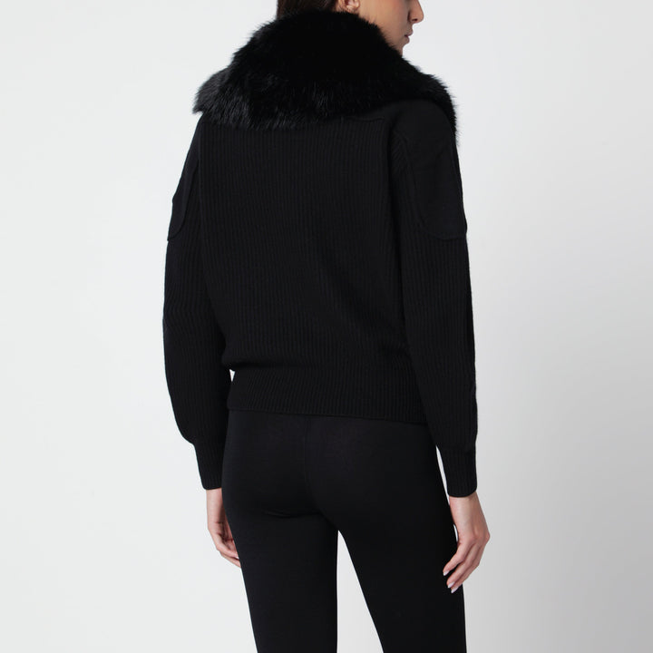 Moose Knuckles Cardigan en Laine Noir Avec Col en Fausse Fourrure