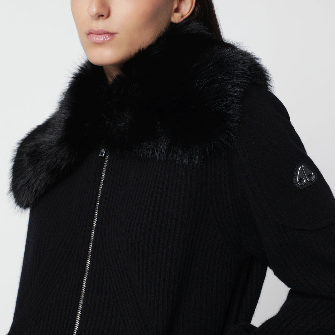 Moose Knuckles Cardigan en Laine Noir Avec Col en Fausse Fourrure