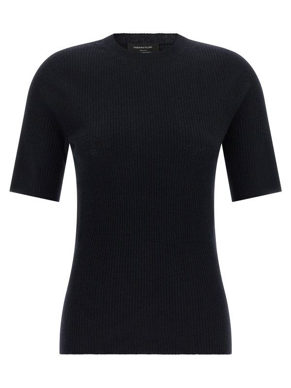 Ribbed Knit T Shirt Blu
