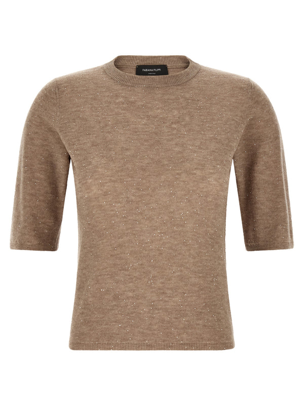 Micro Sequin T Shirt Beige