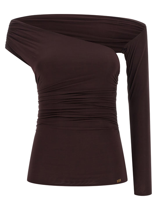Asymmetrical Neckline Top Top Marrone