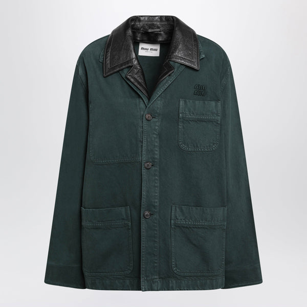 Bottle Green Gabardine And Leather Jacket