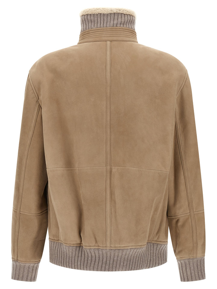 Brunello Cucinelli Suede And Sherling Curly Bomber Jacket Puffer Jackets - Beige | c867dc0f218b57f50ea58c0719d389d76c5ead41