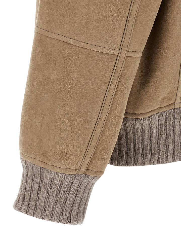 Brunello Cucinelli Suede And Sherling Curly Bomber Jacket Puffer Jackets - Beige | 277ce51afacbafa65fcaed139daf90b561c494c7
