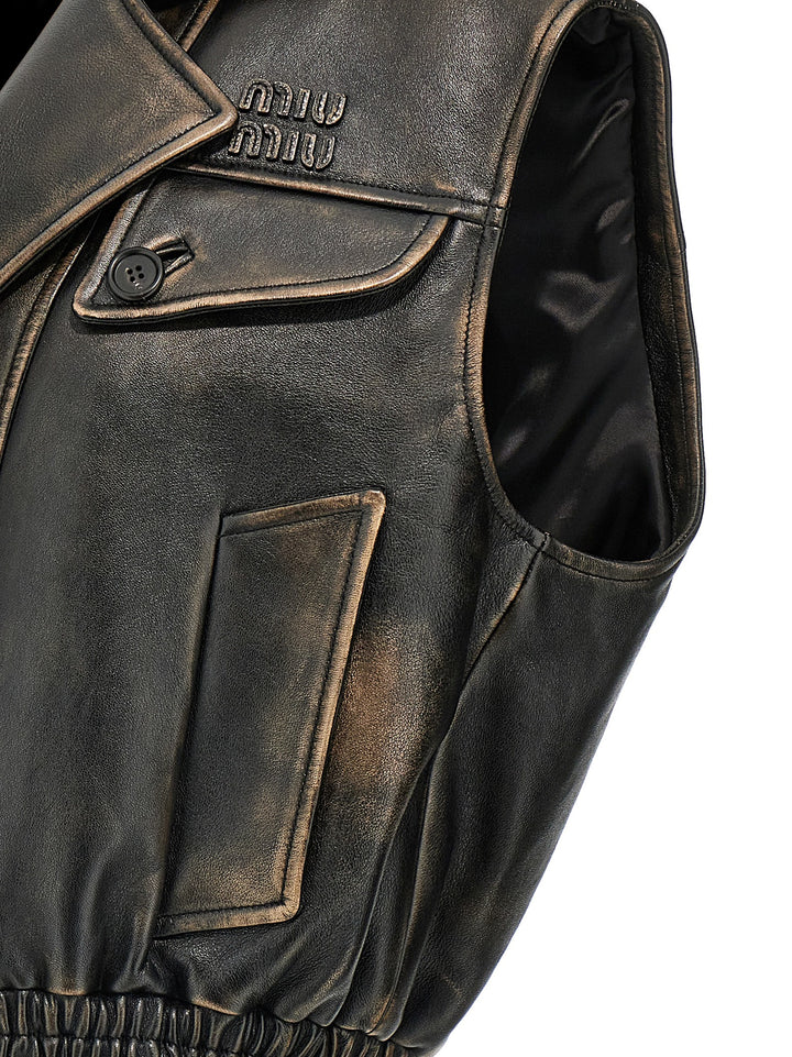 Miu Miu Logo Nappa Vest Gilet - Marrone | 3b6a67b0a2c7555760a50b7e60482fdfe7f27f61