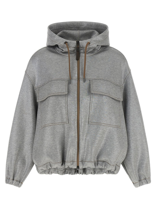 Shiny Zipper Pull Puffer Jackets Silver