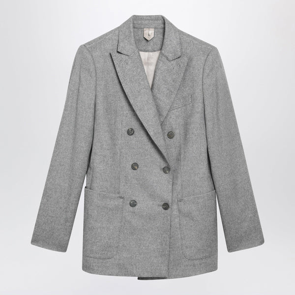 Double-Breasted Blazer In Grey Silk And Cashmere